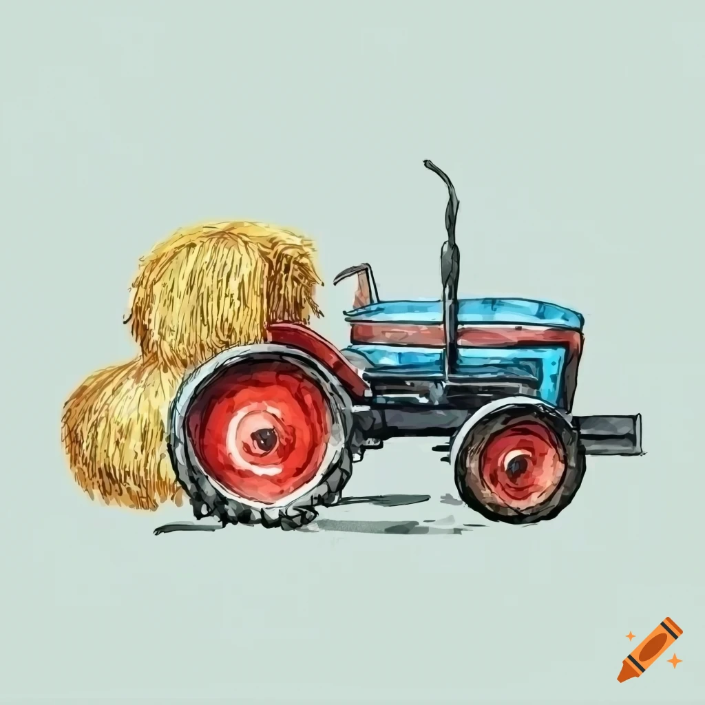 watercolor illustration of a tractor lifting a hay bale