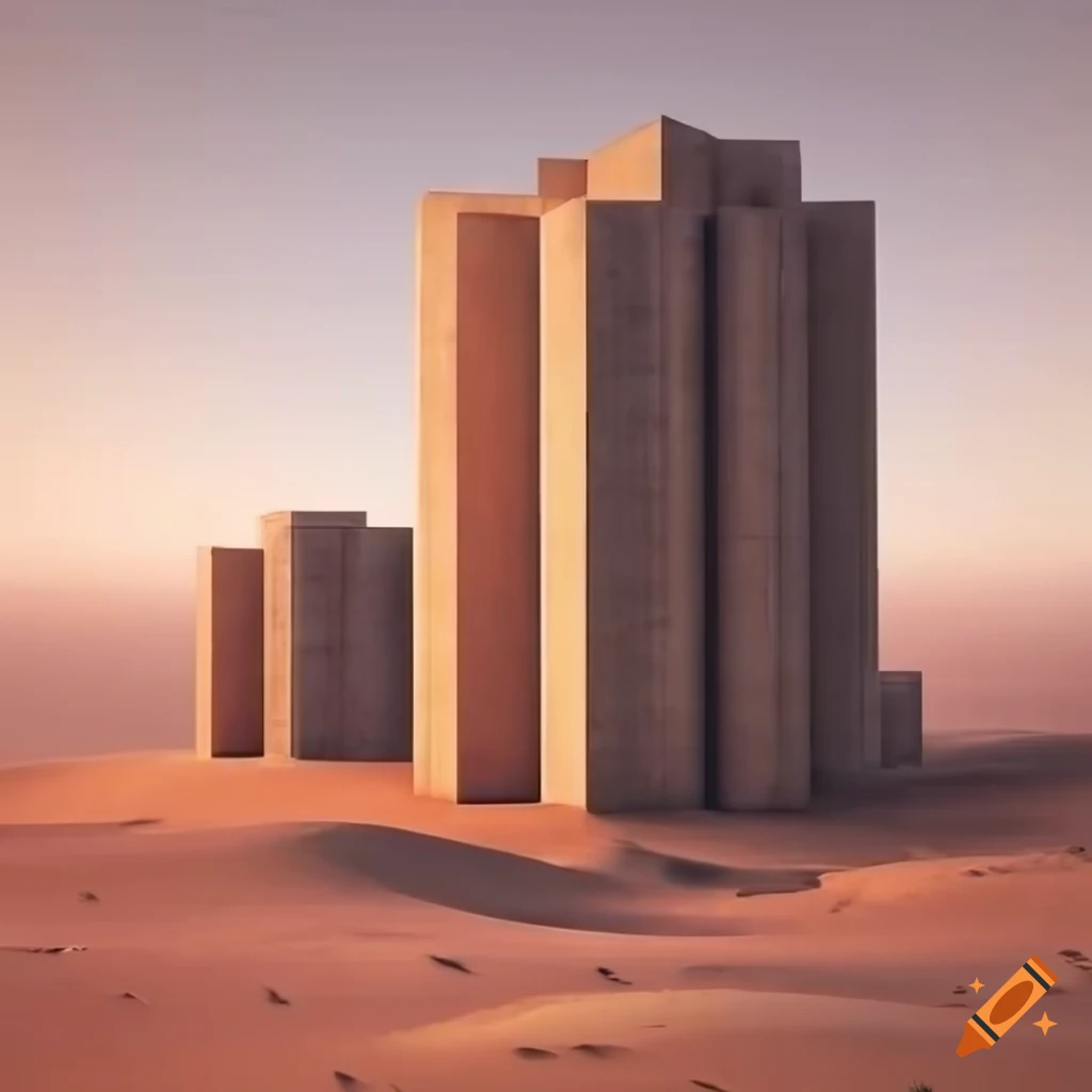 photorealistic image of a Brutalist skyscraper in the desert