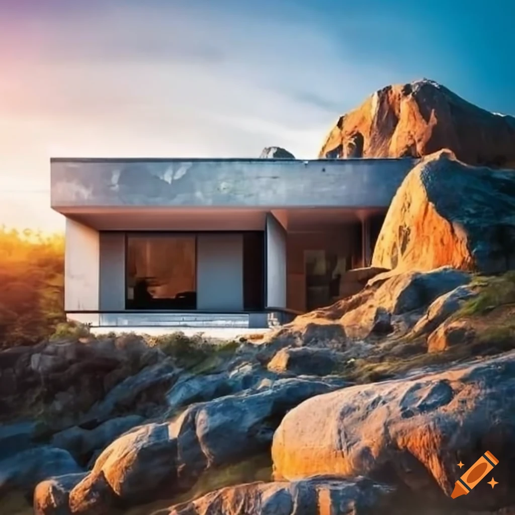 sunset view of a modern house surrounded by grey rocks