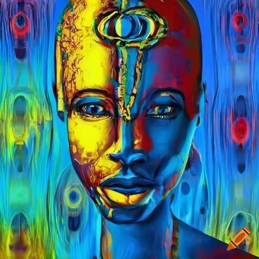 surrealist abstract artwork inspired by African cyborg tribe