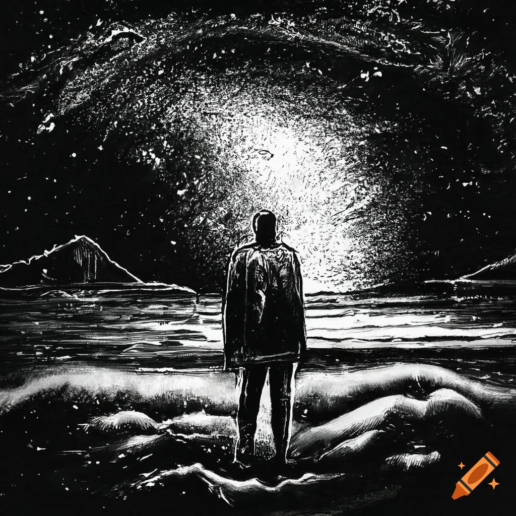 black and white ink drawing of a man on a desolate island