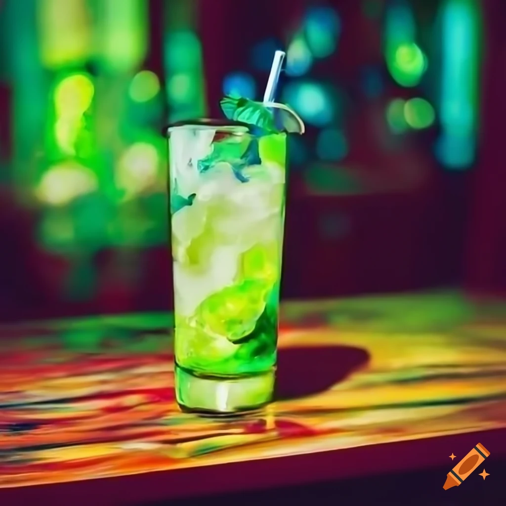 realistic painting of a mojito glass on a bar counter