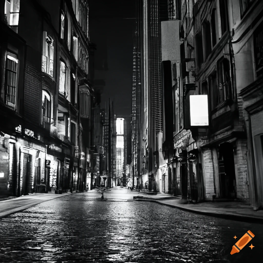 Urban night scene with dimly lit city street on Craiyon