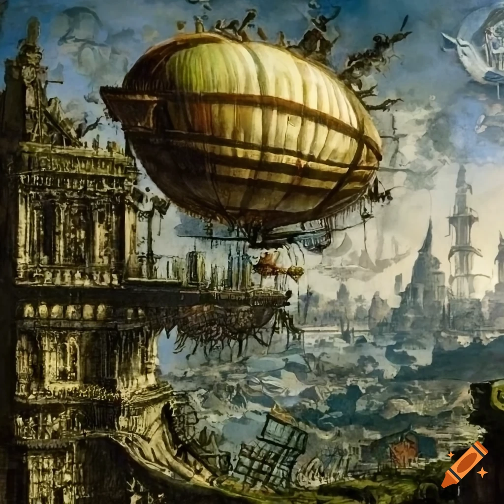steampunk airship flying over a jungle-covered city