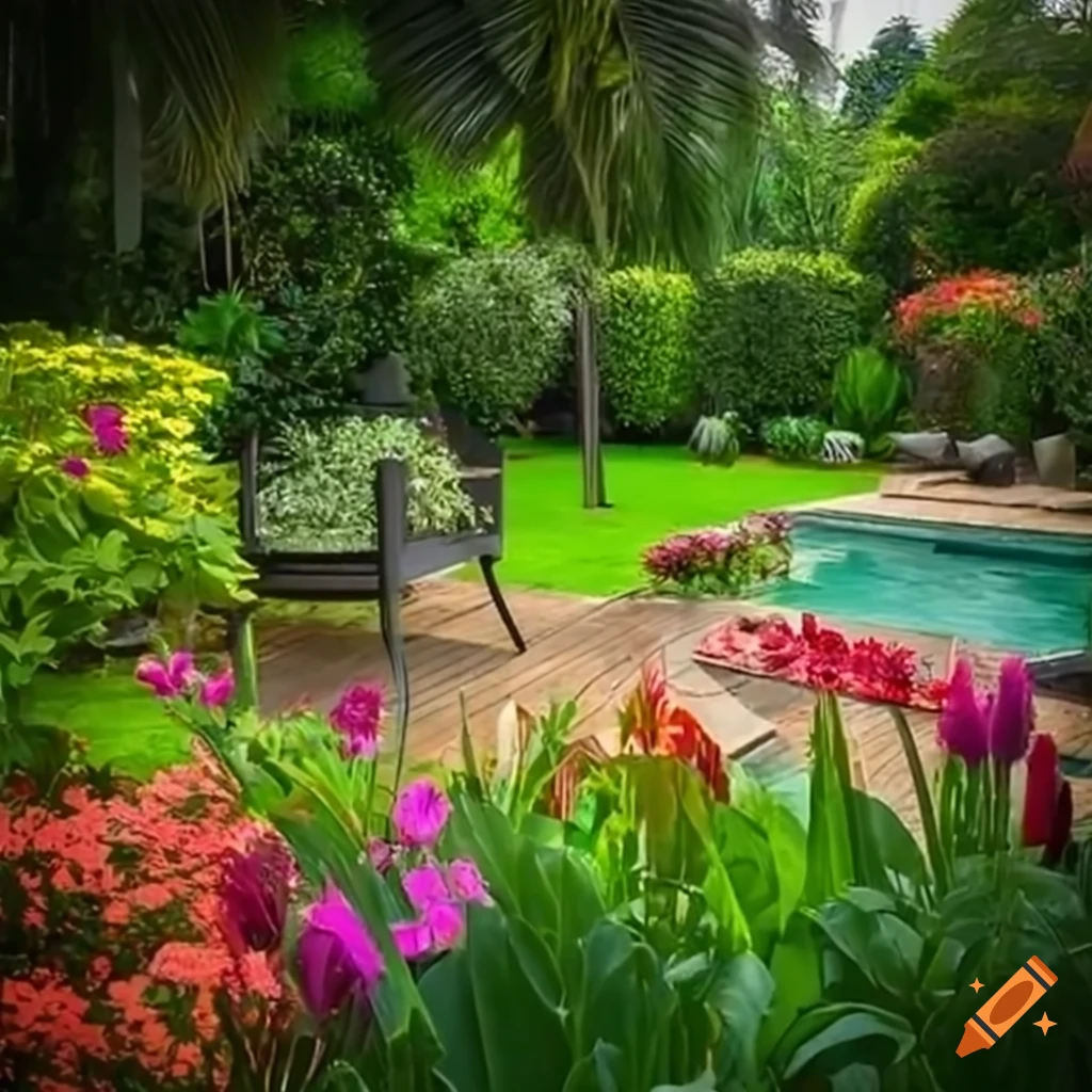 image of an exquisite garden with a varanda and swimming pool