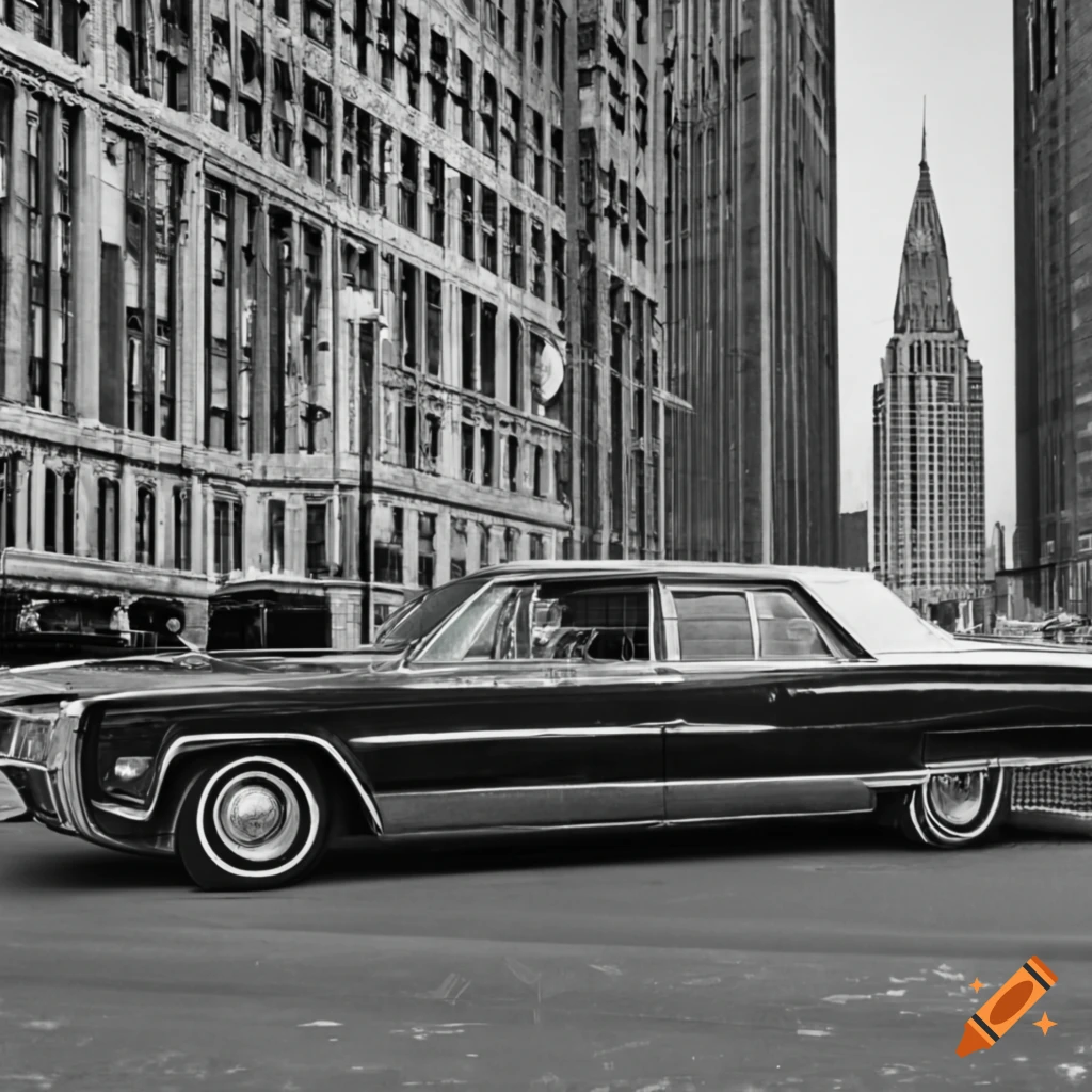 monochrome photo of a 1966 Black Chrysler parked in downtown Detroit
