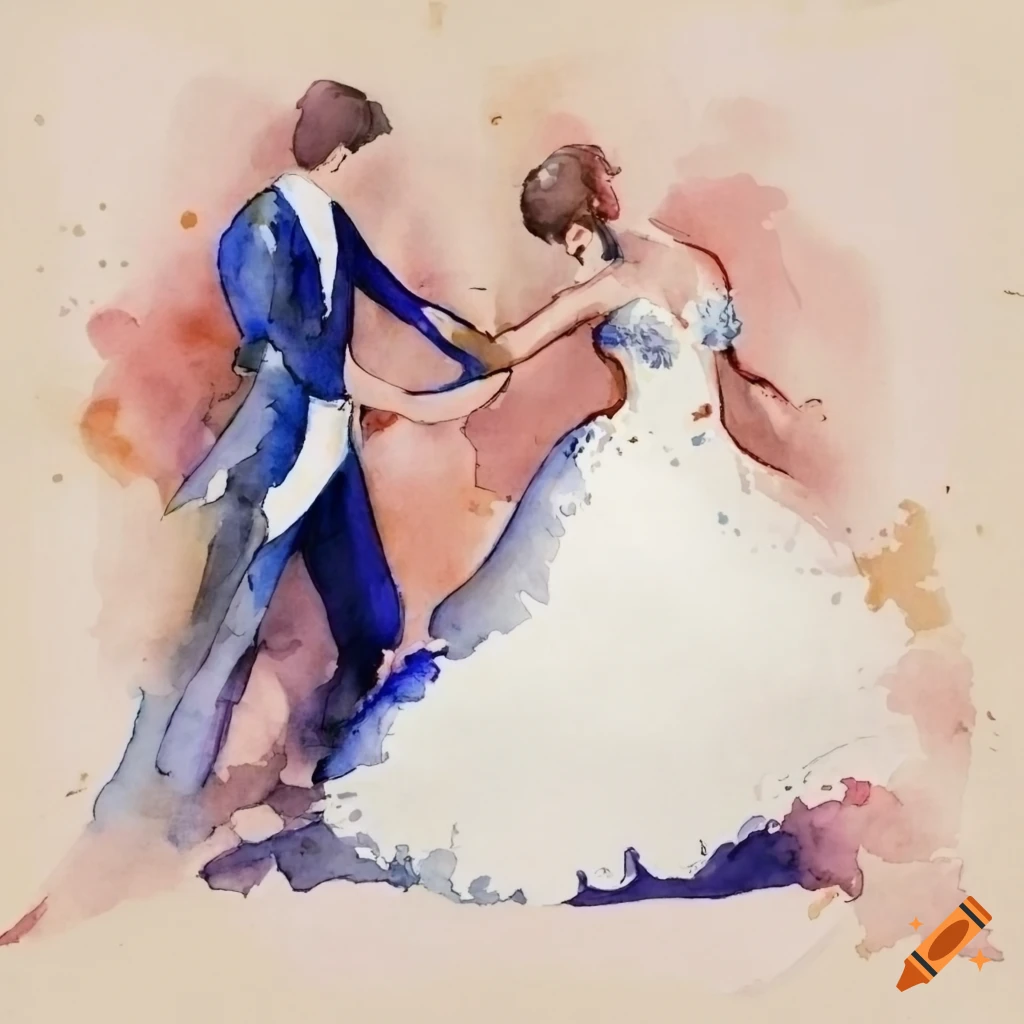 watercolor painting of a couple waltzing in a ballroom
