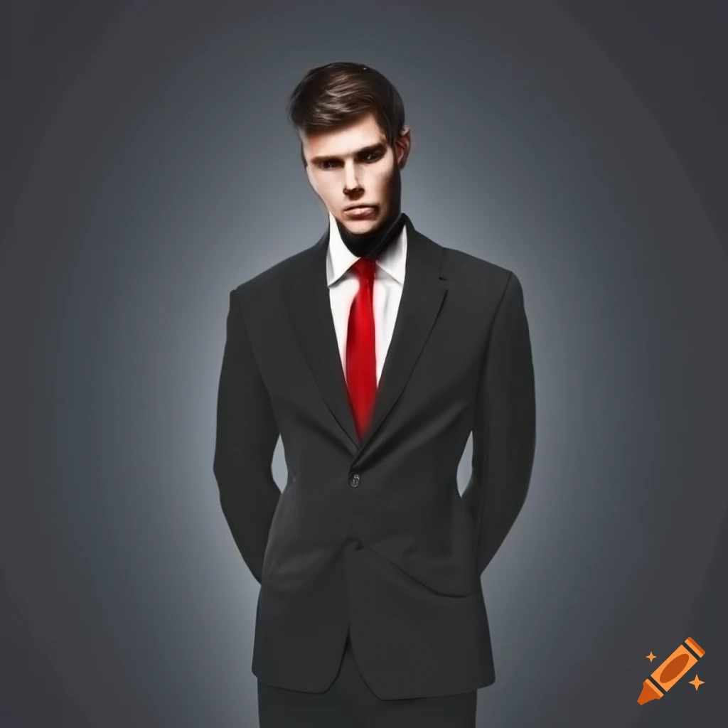 Portrait of a man in black suit and red tie on Craiyon