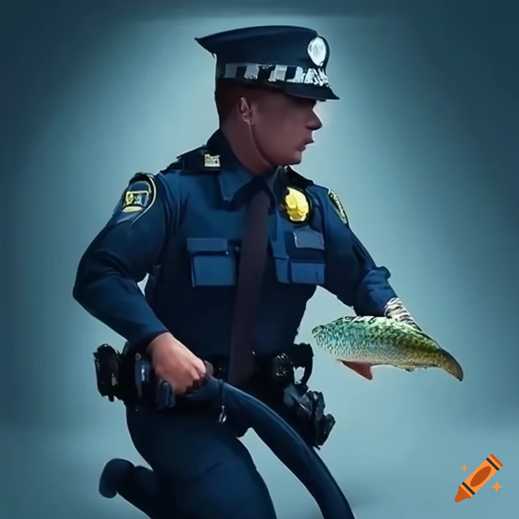 Funny cat chasing a fish while being chased by a police officer on Craiyon