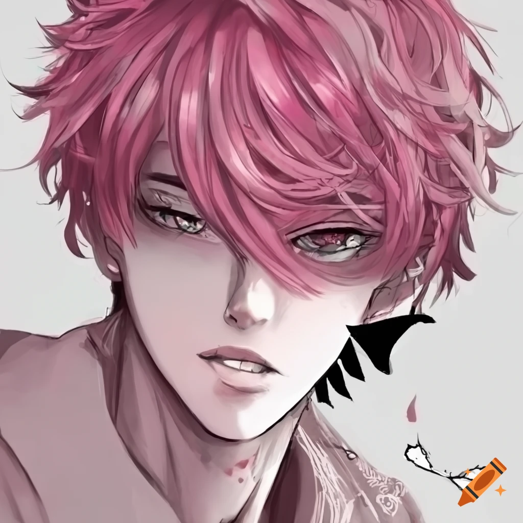 portrait of a person with pink hair and green eyes holding a butterfly