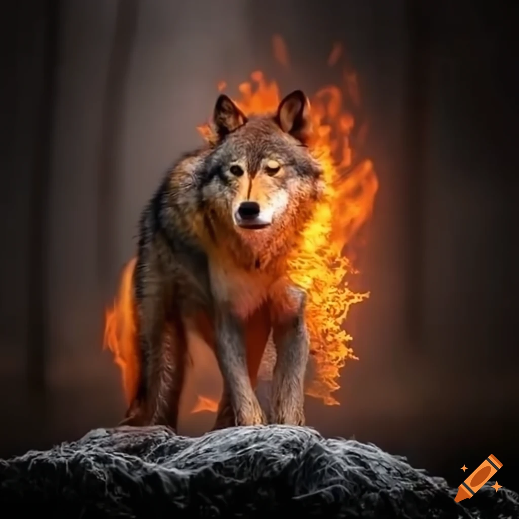 Image of a wolf on fire in a mystical forest on Craiyon