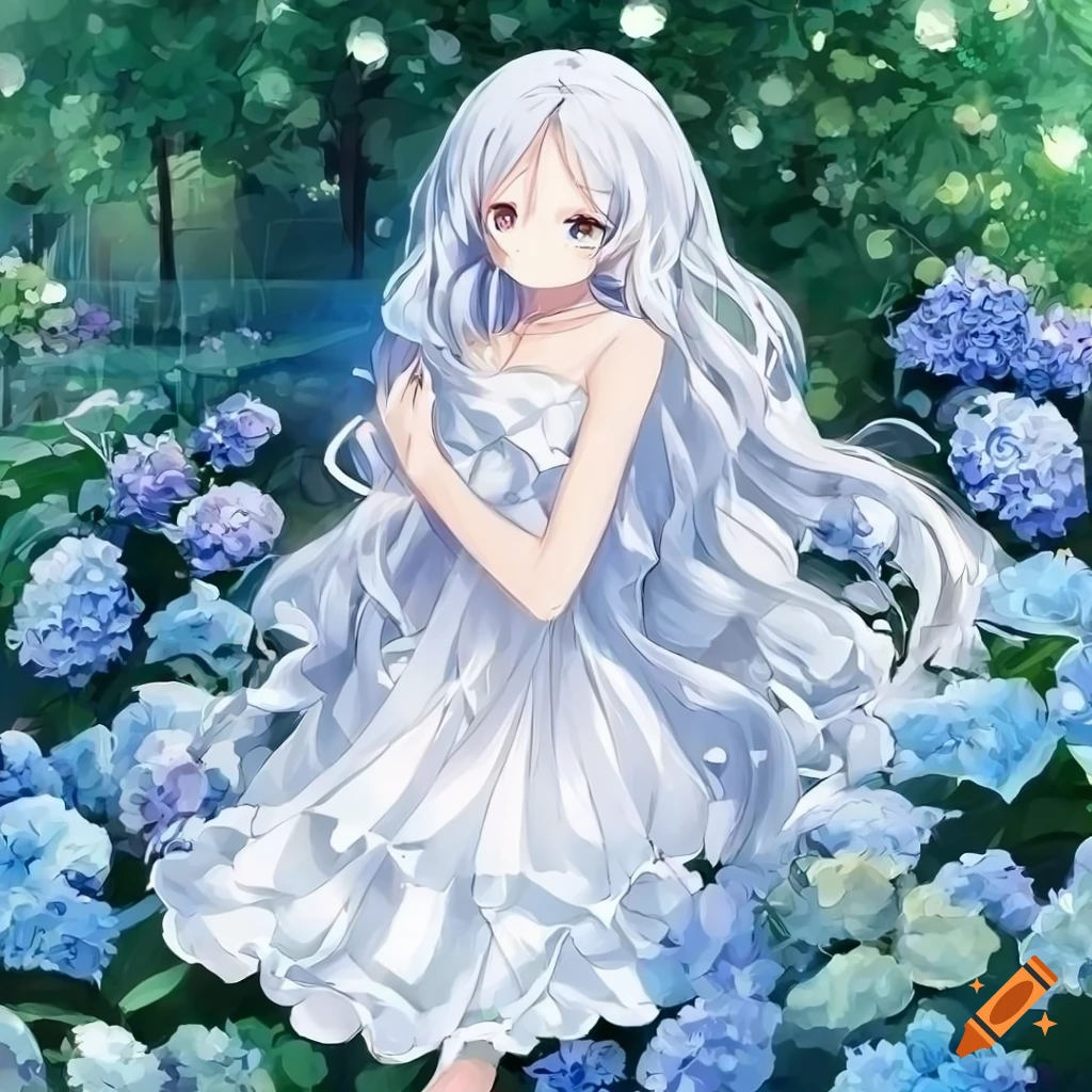 Anime girl with long wavy hair in a rainy hydrangea garden on Craiyon