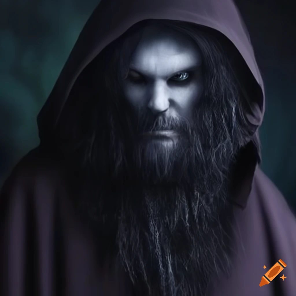 image of an evil wizard in dark cloak and shaggy beard