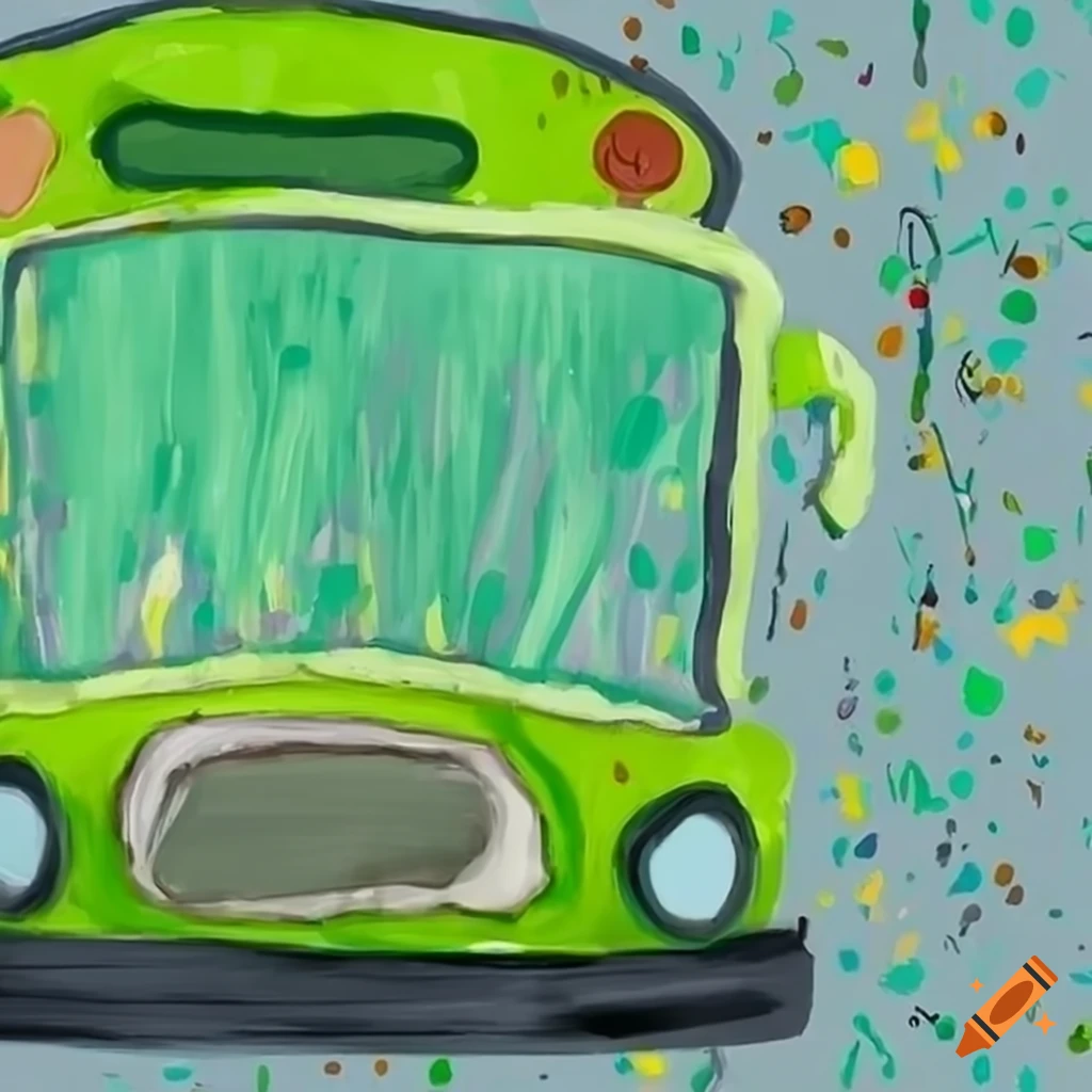 digital painting of a messy green bus