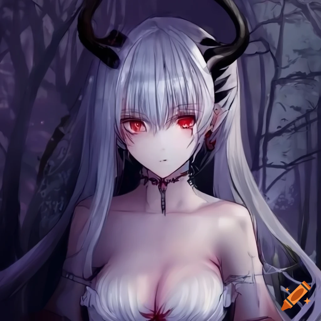 detailed depiction of an anime demon woman with white hair and blood red eyes