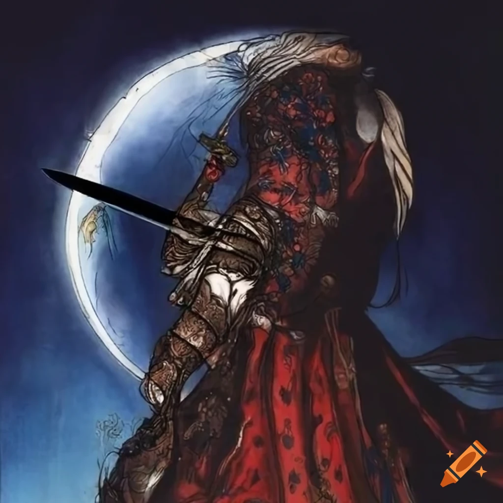 Yoshitaka amano style artwork of a man kneeling with a sword on Craiyon