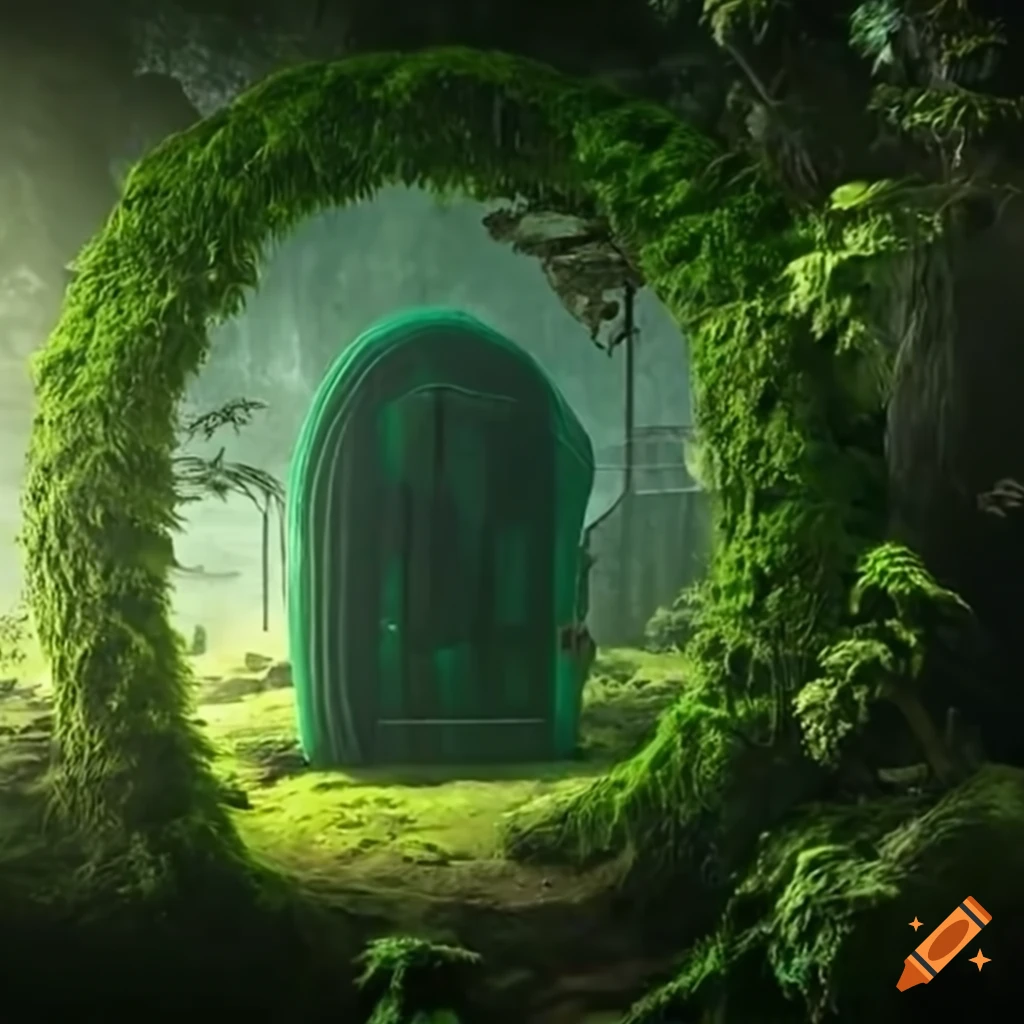 fantasy airship near a futuristic-maya door in the jungle