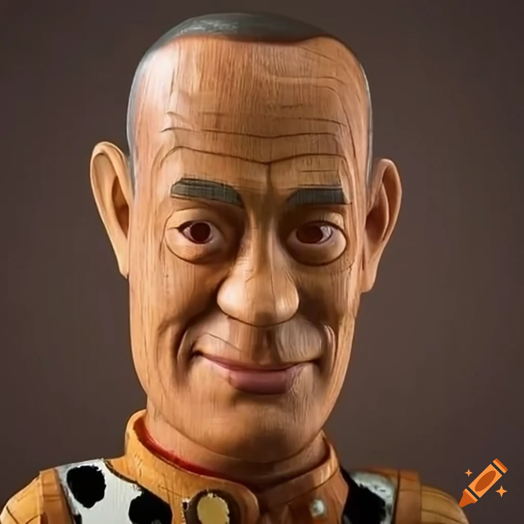 wood sculpture of Tom Hanks as Woody from Toy Story