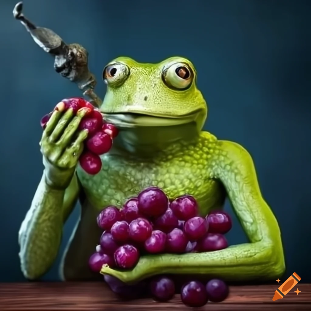 fantasy humanoid frog in armor eating grapes