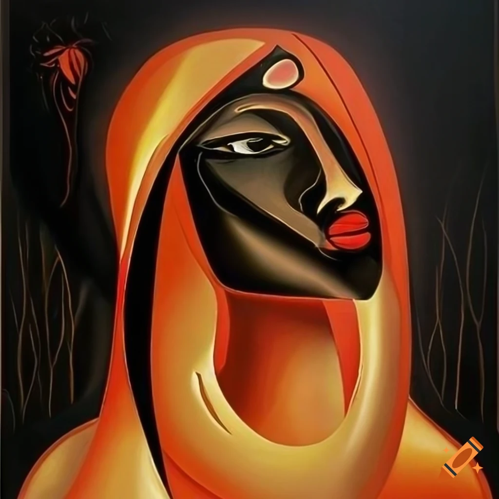 surrealism art of a black Persian goddess with gold, black, red, and copper colors