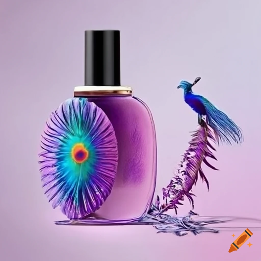 image of a peacock feather perfume bottle