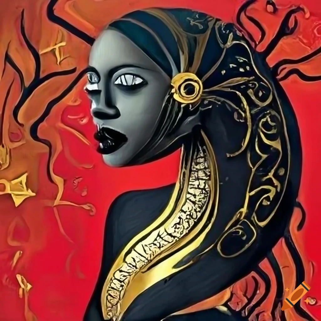 abstract painting with black, gold, red, and white colors