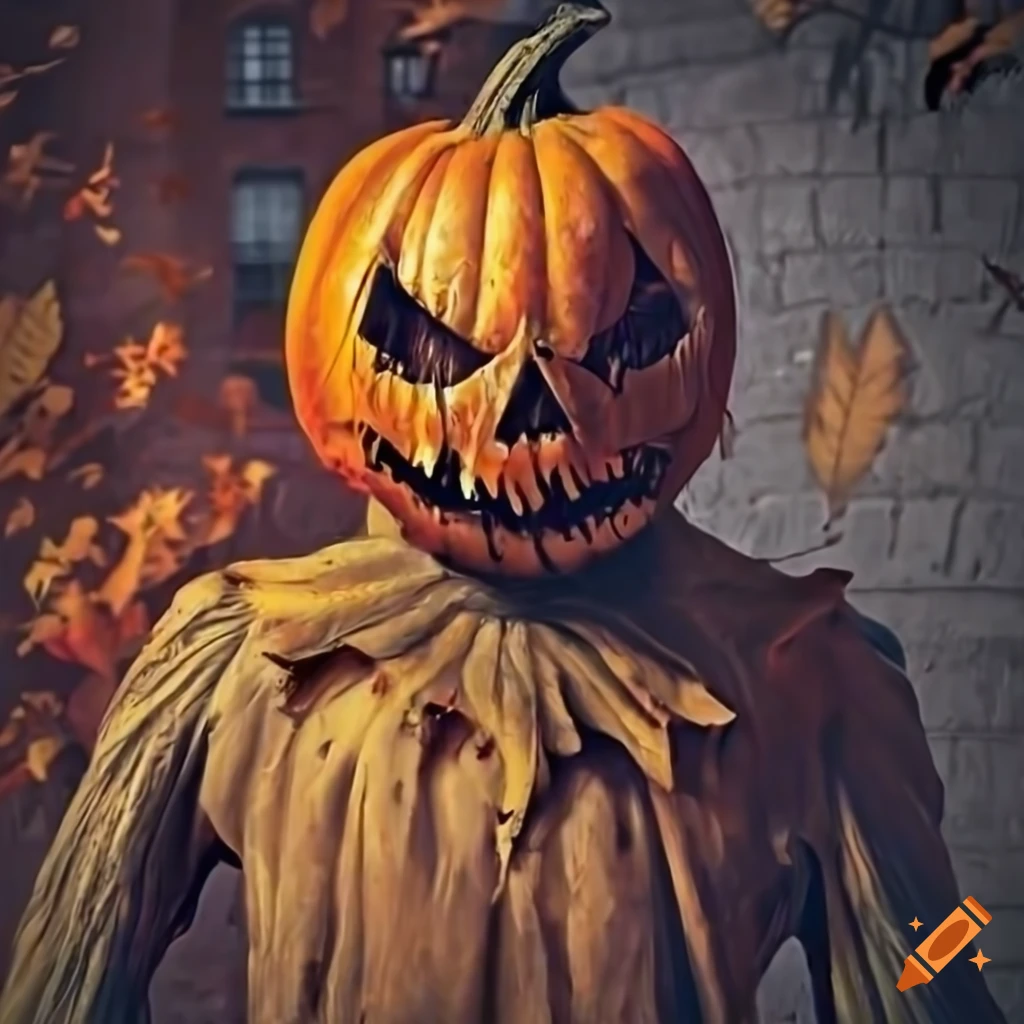 creepy pumpkin-headed scarecrow in a spooky street