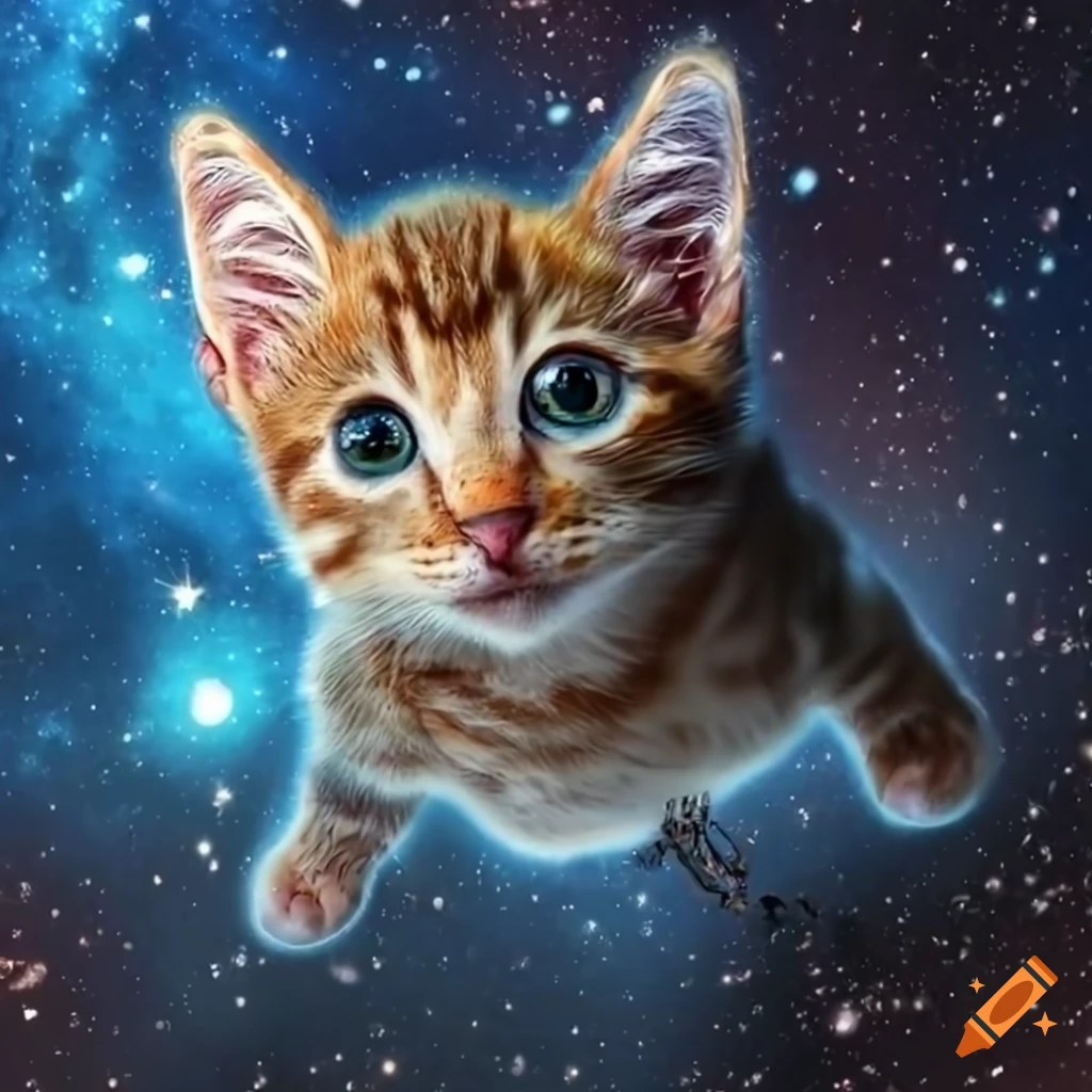 hyper-realistic kitten flying through outer space