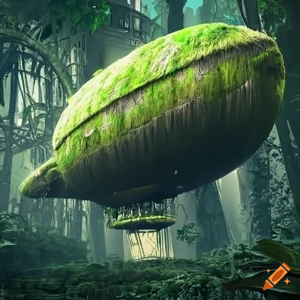 fantasy airship near a futuristic-maya door in the jungle