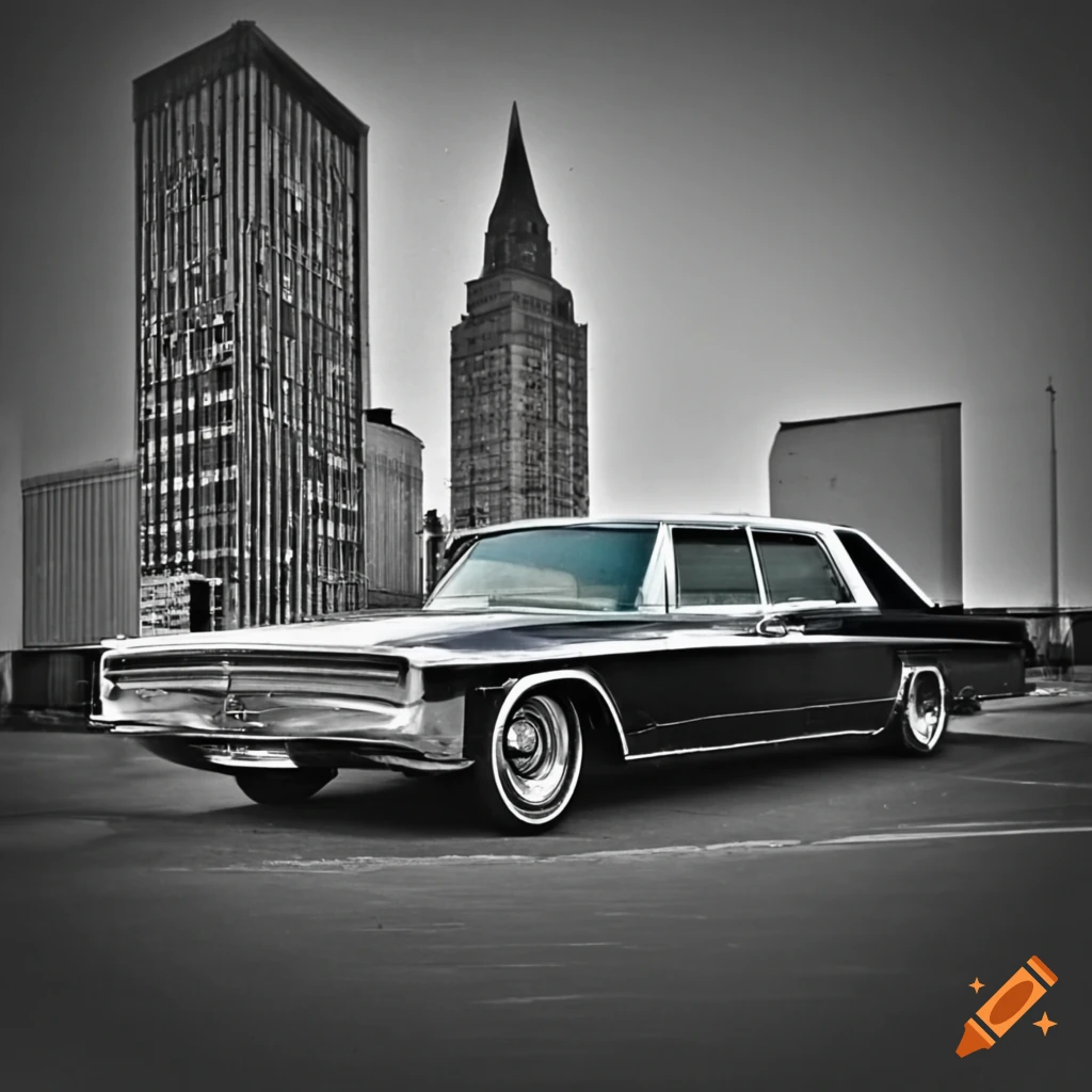 monochrome photo of a Black Chrysler Crown Imperial in downtown Detroit