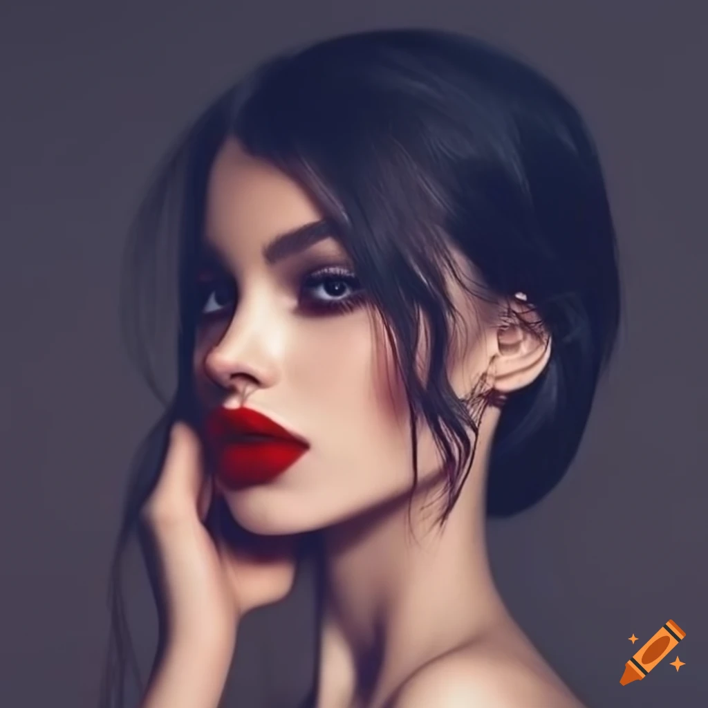 black-haired fashion model with red lips and pale skin