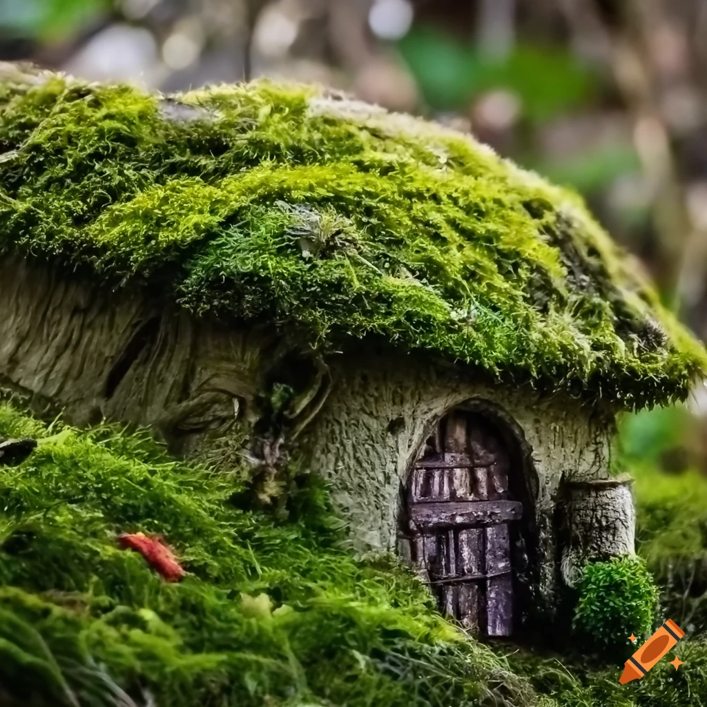 Closeup of a hyperrealistic moss fairy house on Craiyon