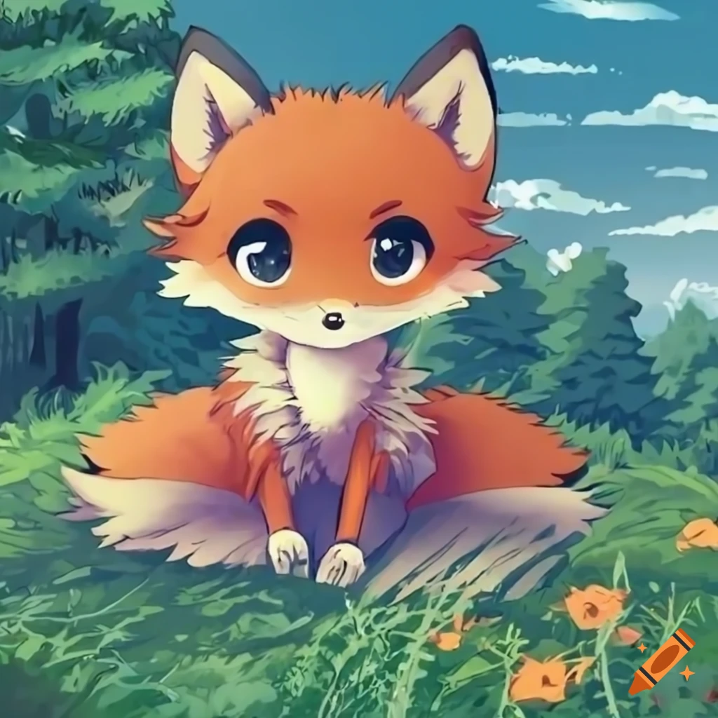 chibi fox in a scenic countryside
