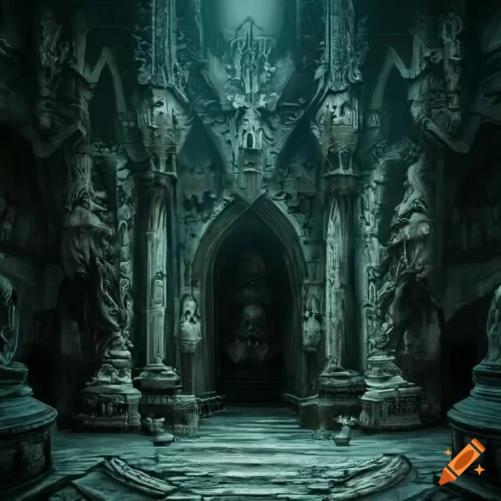 image of a dark Elven castle foyer with ancient statues