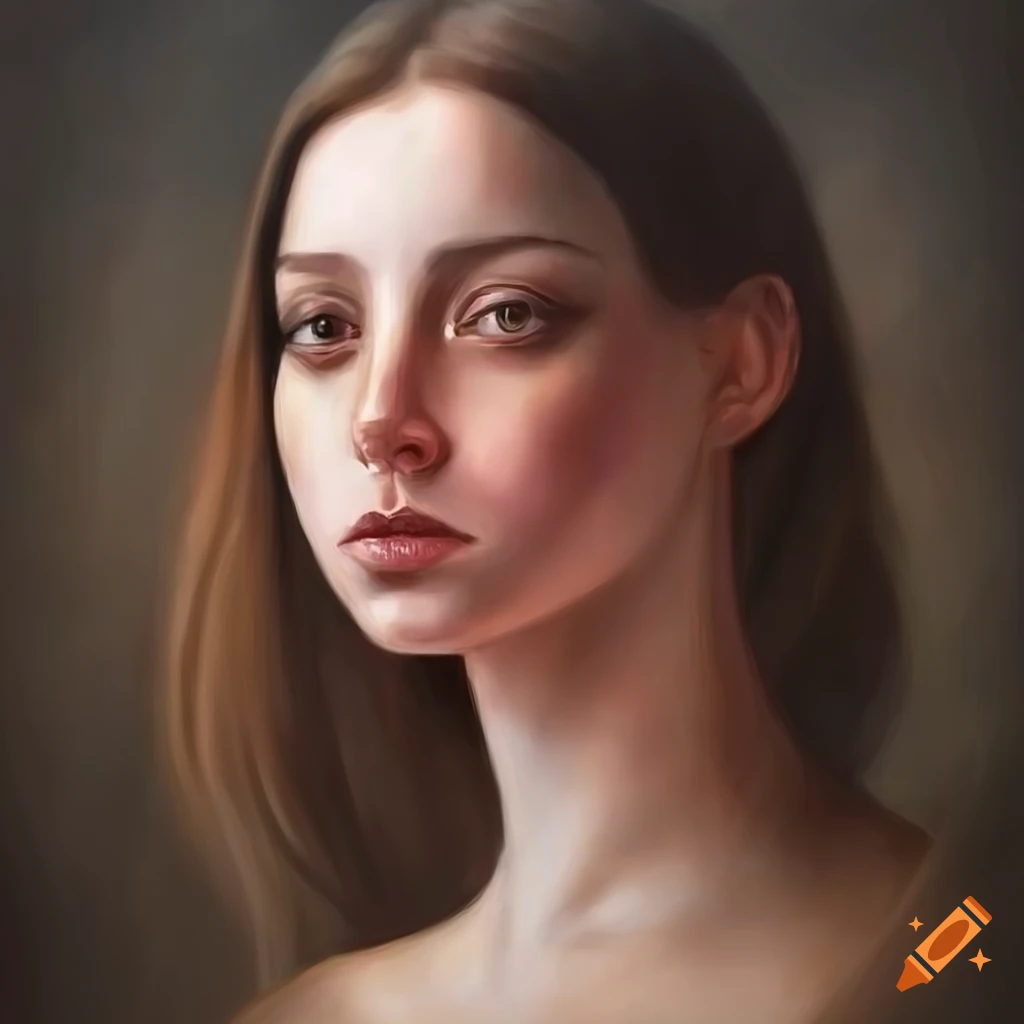 hyper-realistic oil painting of a pretty young woman with brown hair and eyes