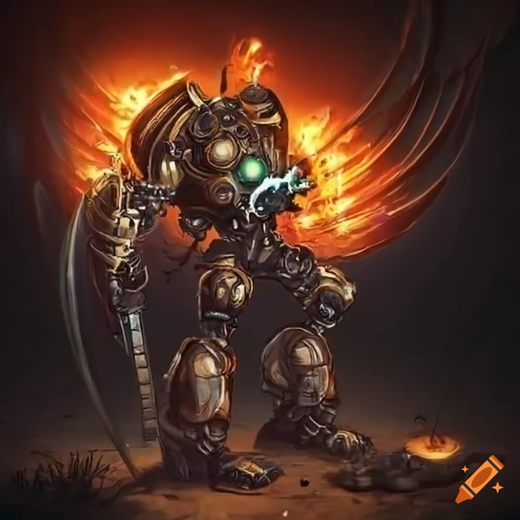 giant robot with wings, sword, and flamethrower arm