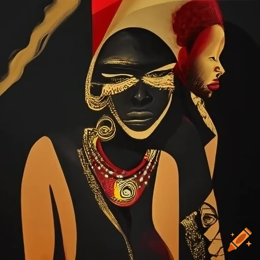 surreal abstract art inspired by African tribe in gold, black, red, and white