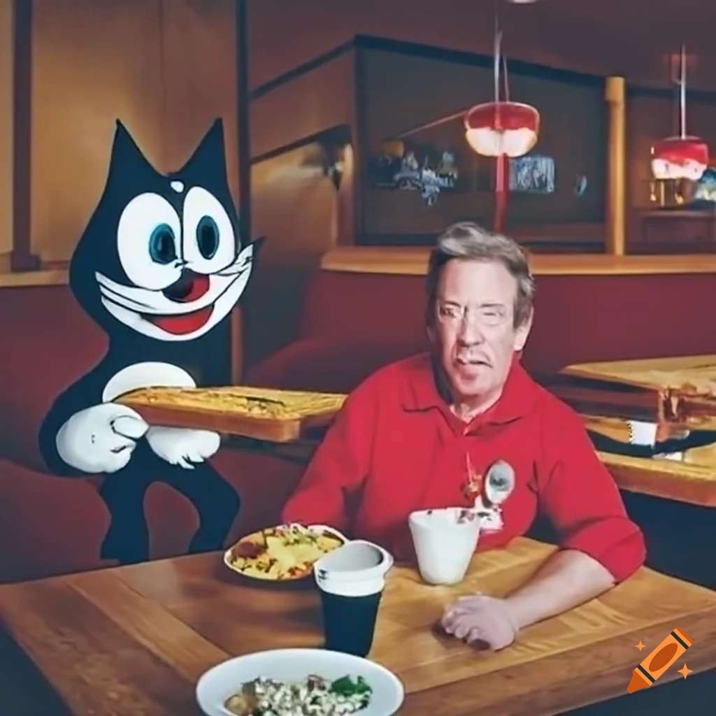 Felix the Cat and Tim Allen eating at Applebee's on Craiyon