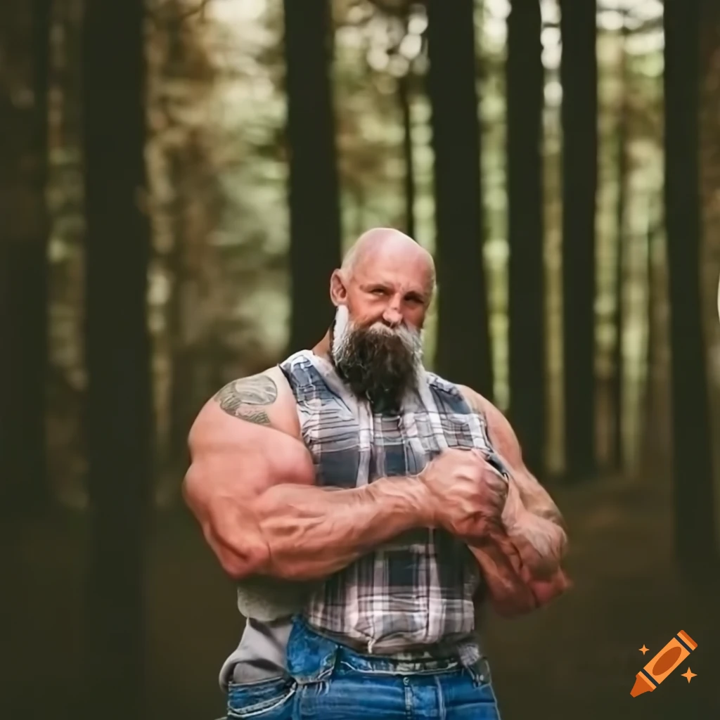 photo of a strong bearded old man in the forest