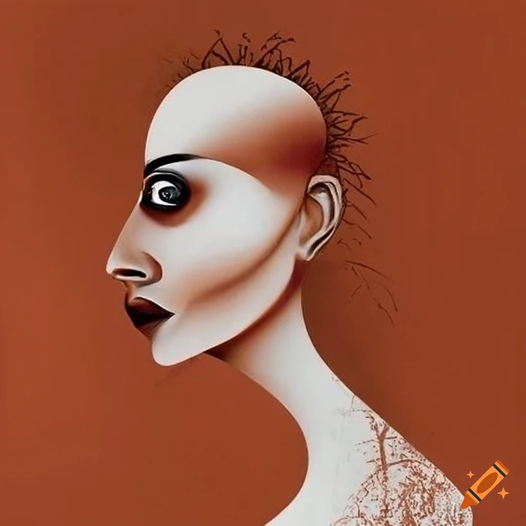 surrealist artwork with faceless tribe in gold, red, and copper tones