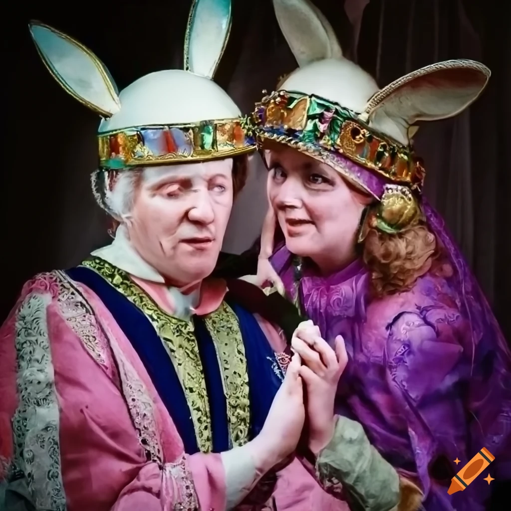 photographic paisley image of a nobleman and princess in bunny helmets