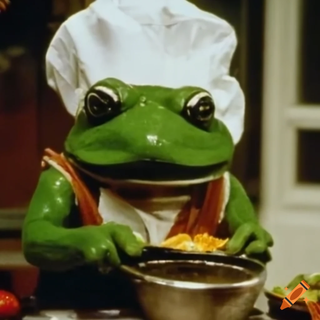 image of a frog wearing a chef's hat in a kitchen