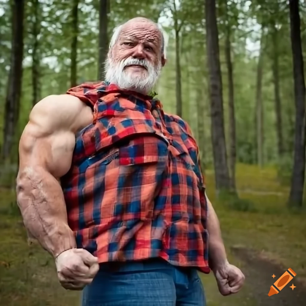 muscular old man in flannel shirt in the forest