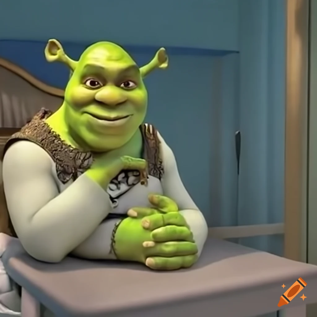 Humorous image of shrek in a hospital bed on Craiyon