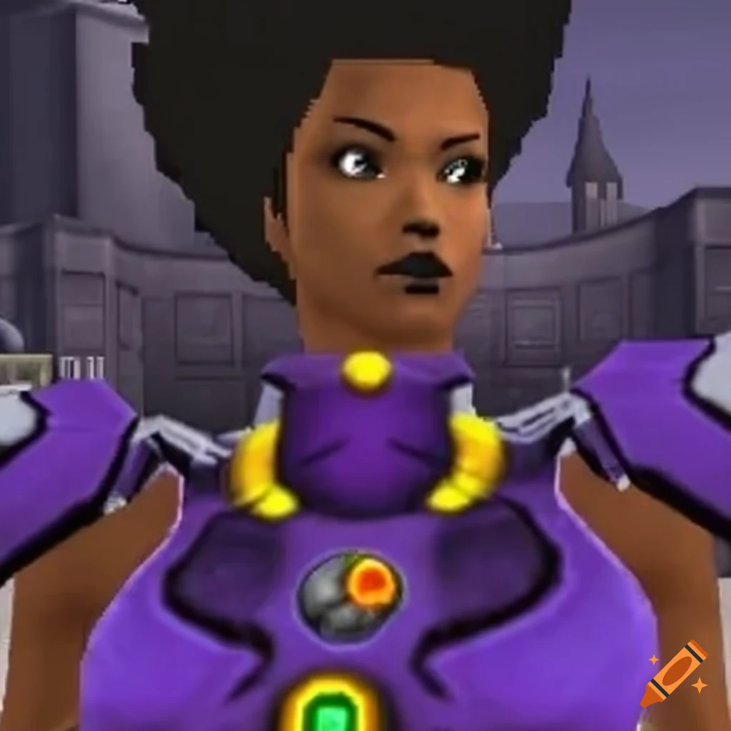 screenshot of a black woman in purple armor in a Sci Fi game