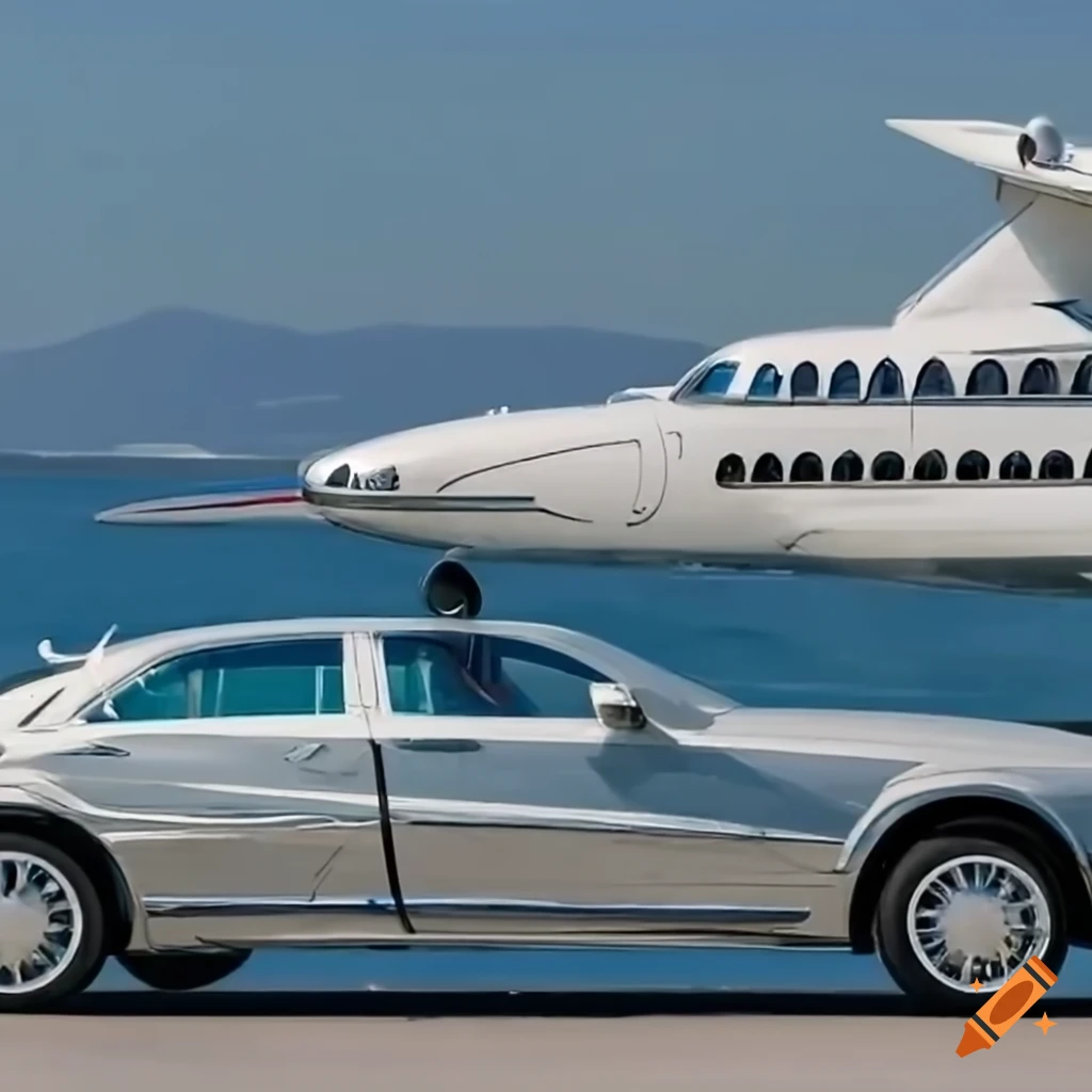 luxury car parked in front of a private jet by the sea