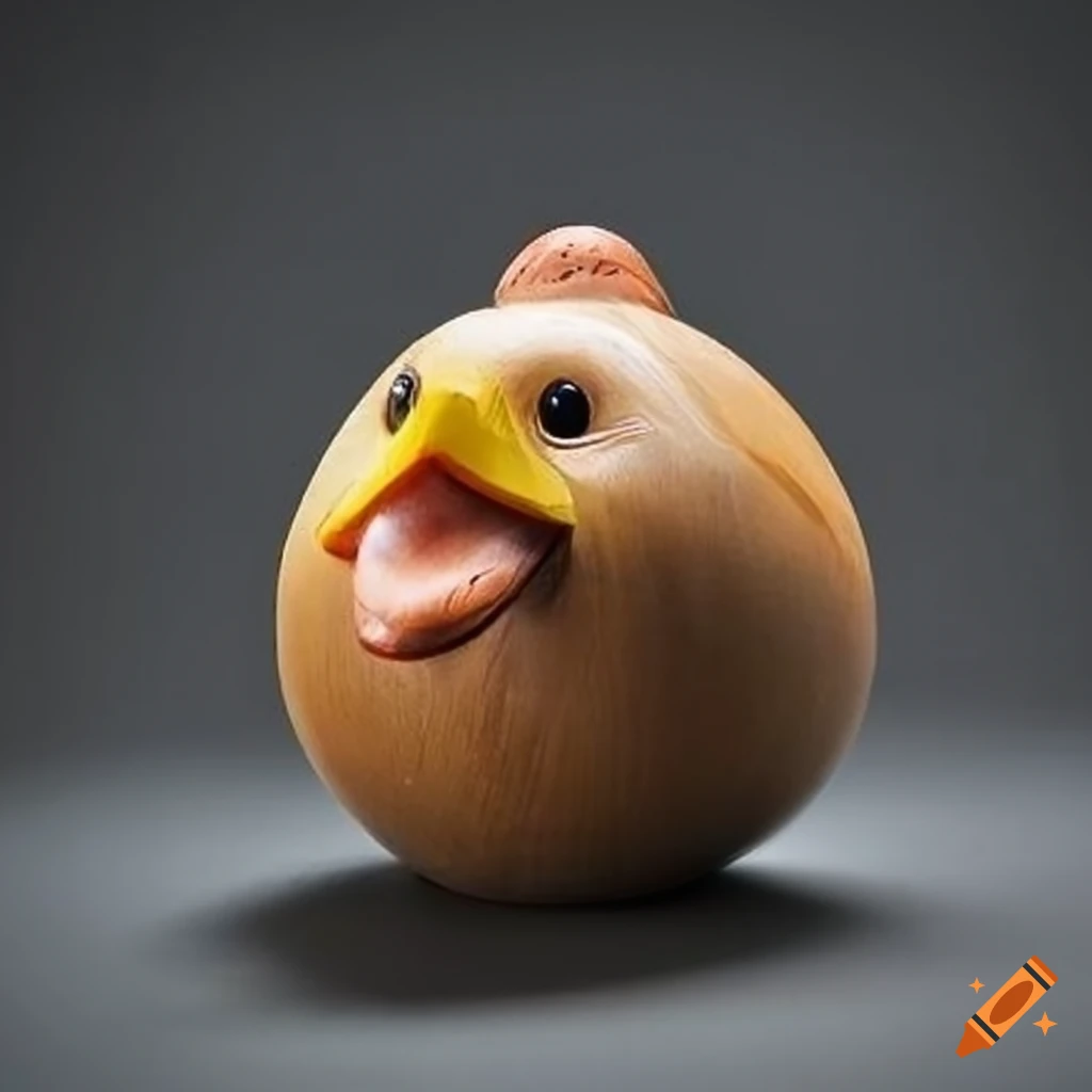 woodcarving of a duck with a ball