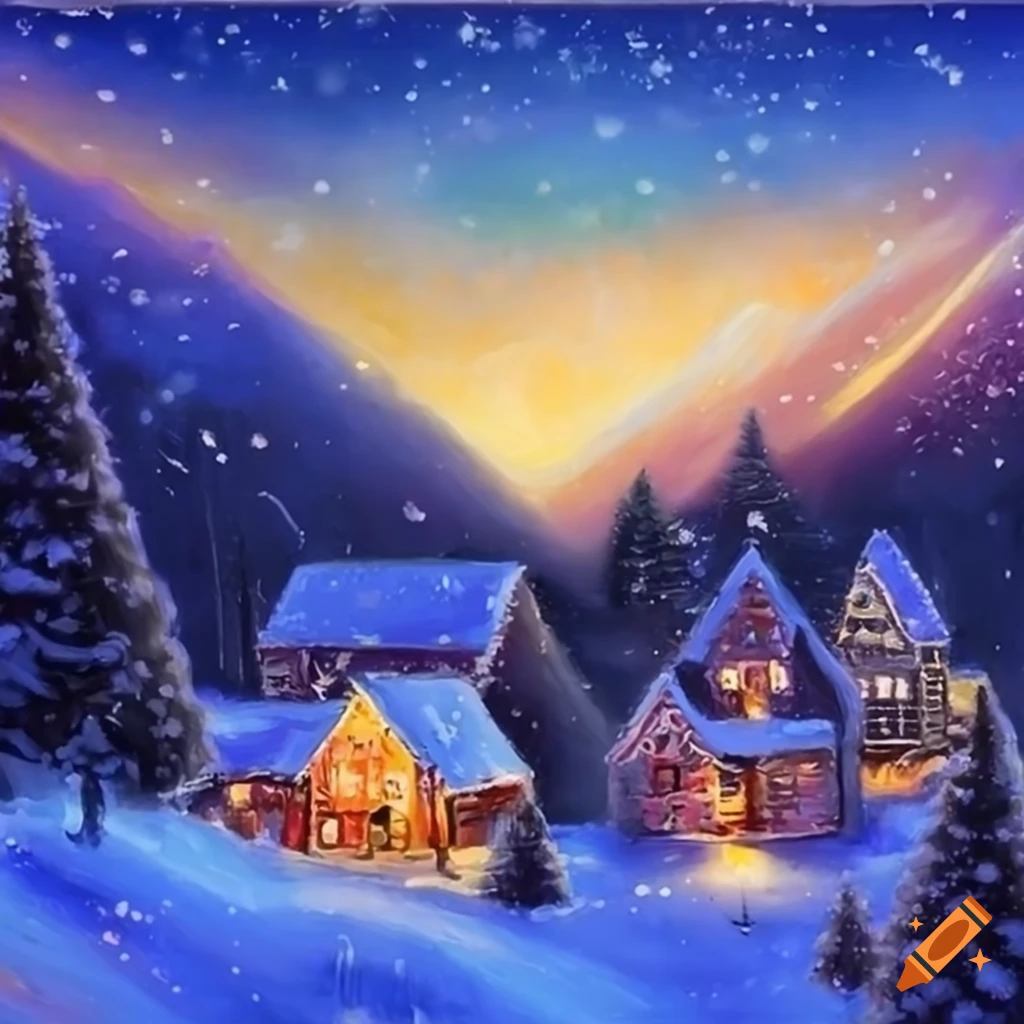 Oil painting of a peaceful christmas village on Craiyon