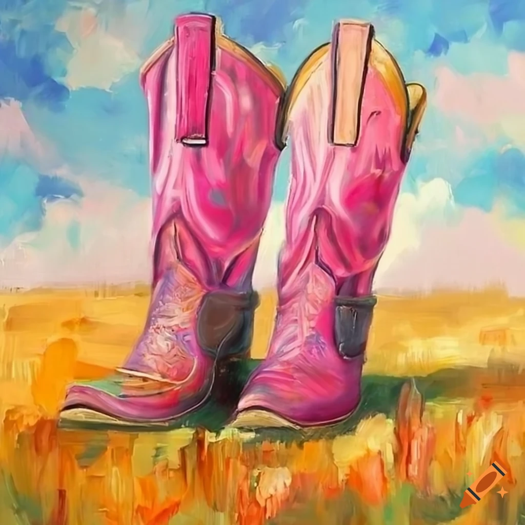 Oil painting of pink cowboy boots in a sunny field on Craiyon