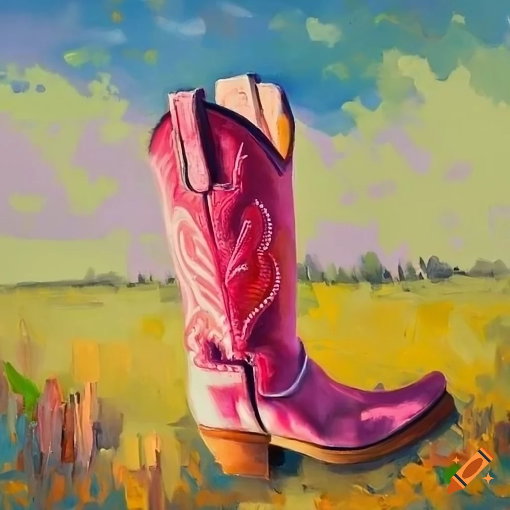 Oil painting of pink cowboy boots in a sunny field on Craiyon